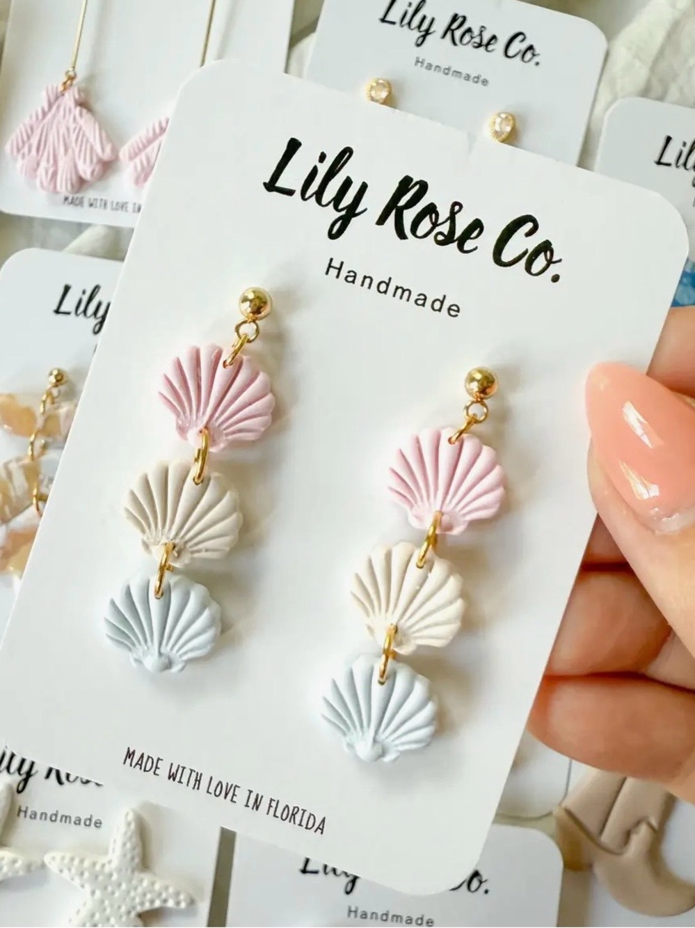Lily Rose Pastel Triple Shell Drop Earrings - Pink, Cream, Light Blue - Picture 2 of 2